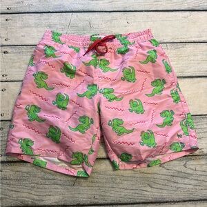 Tipsy Elves men’s pink dancing green dinosaurs swim trunk shorts. L